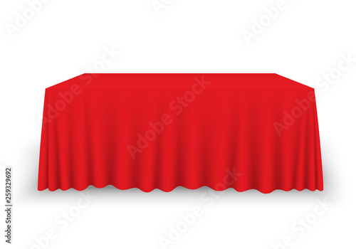 Red tablecloth on the table empty mockup.