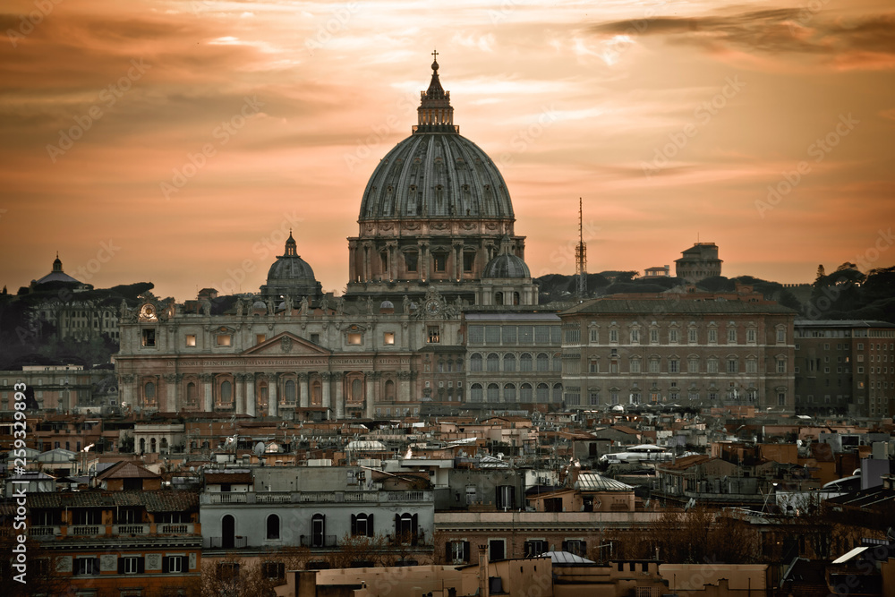 The Papal Basilica of Saint Peter in Vatican dramatic dawn view