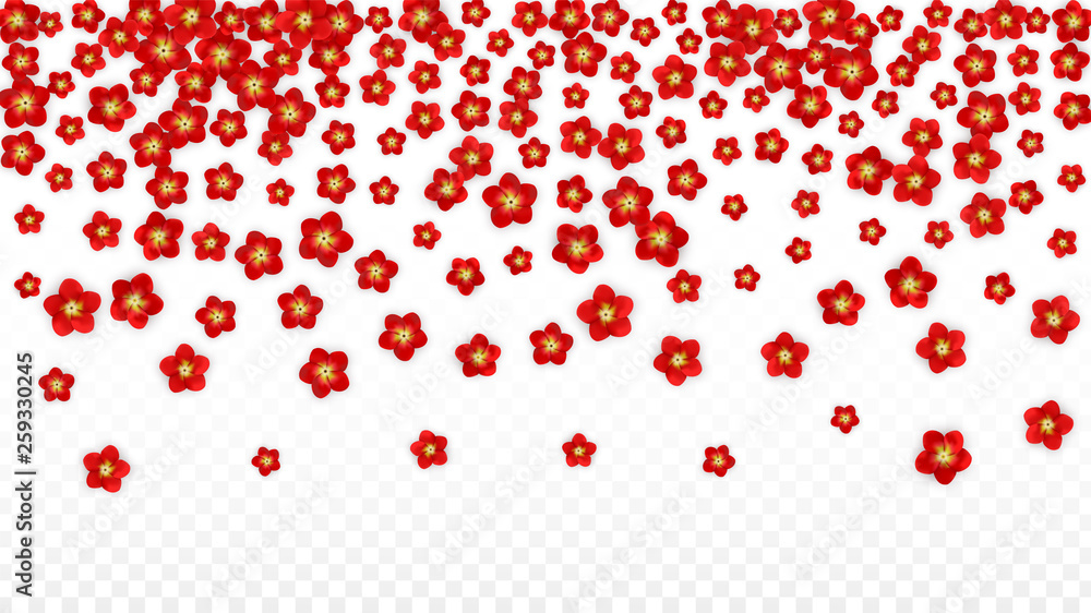 Vector Realistic Red Flowers Falling on Transparent Background. Spring Romantic Flowers Illustration. Flying Asian Rose Spa Design. Blossom Confetti. Design Elements for Wedding Decoration. Vector Realistic Red Flowers Falling on Transparent Background. Spring Romantic Flowers Illustration. Flying Asian Rose Spa Design. Blossom Confetti. Design Elements for Wedding Decoration.