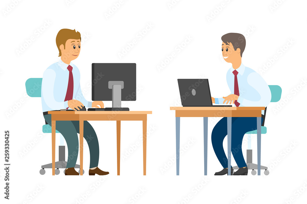 Business workers with computer and laptop at desks vector. Men in shirts with ties, clerks and employees, businessmen or entrepreneurs, financial report Business workers with computer and laptop at desks vector. Men in shirts with ties, clerks and employees, businessmen or entrepreneurs, financial report