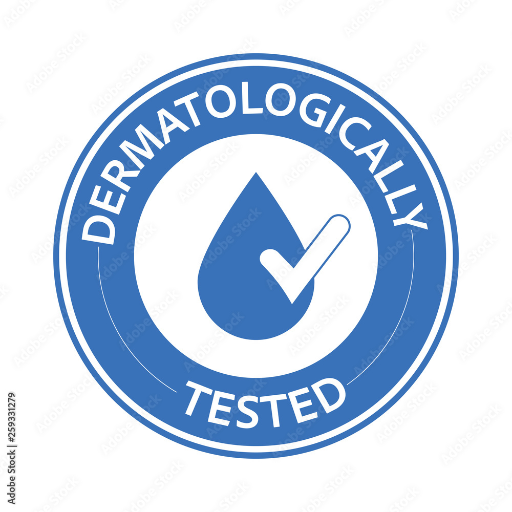 Dermatologically blue Tested icon. One of the most important label for people with sensitive skin. Stock vector illustration isolated on white background Dermatologically blue Tested icon. One of the most important label for people with sensitive skin. Stock vector illustration isolated on white background