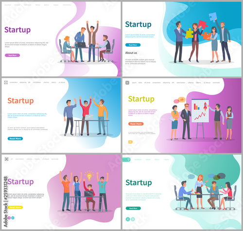 People happy of successful startup launching vector, business activity. Teamwork, meeting presentation of ideas, discussion conference in office. Website or webpage template, landing page flat style