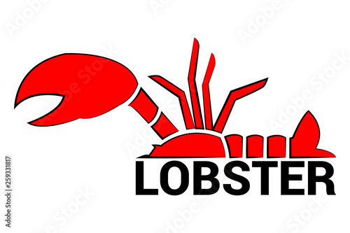 Half lobster. Cartoon red lobster with black design elements isolated on white background. Seafood dinner vector design silhouette. Crab isolated. Black Text lobster. Restaurant vector logo template.