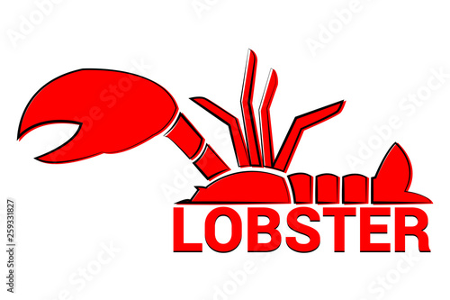 Half lobster. Cartoon red lobster with black design elements isolated on white background. Seafood dinner vector design silhouette. Crab isolated. Red Text lobster. Restaurant vector logo template.