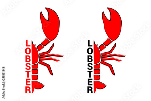 Half lobster. Cartoon red lobster with black design elements isolated on white background. Seafood dinner vector design silhouette. Crab isolated. Typography lobster. Restaurant vector logo template.