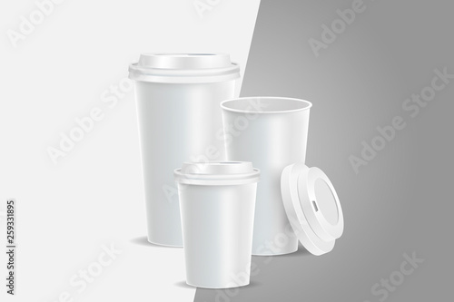 3 White coffee cups mockup on grey background. Cups of different size. Mock up. Mock-up. Coffee away. Coffee to go.