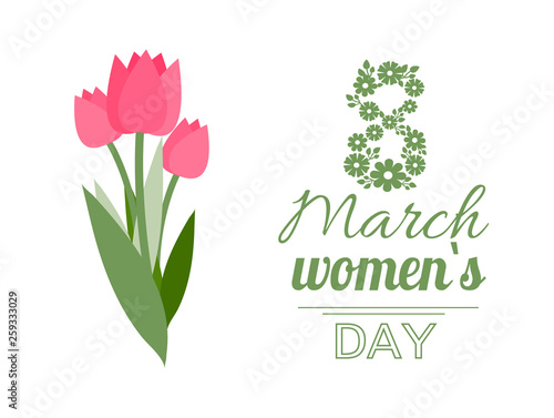 Greeting postcard decorated by tulips and flowers laid out in figure of eight. Womens day papercard with pink blossom on white, spring holiday vector. 8 March