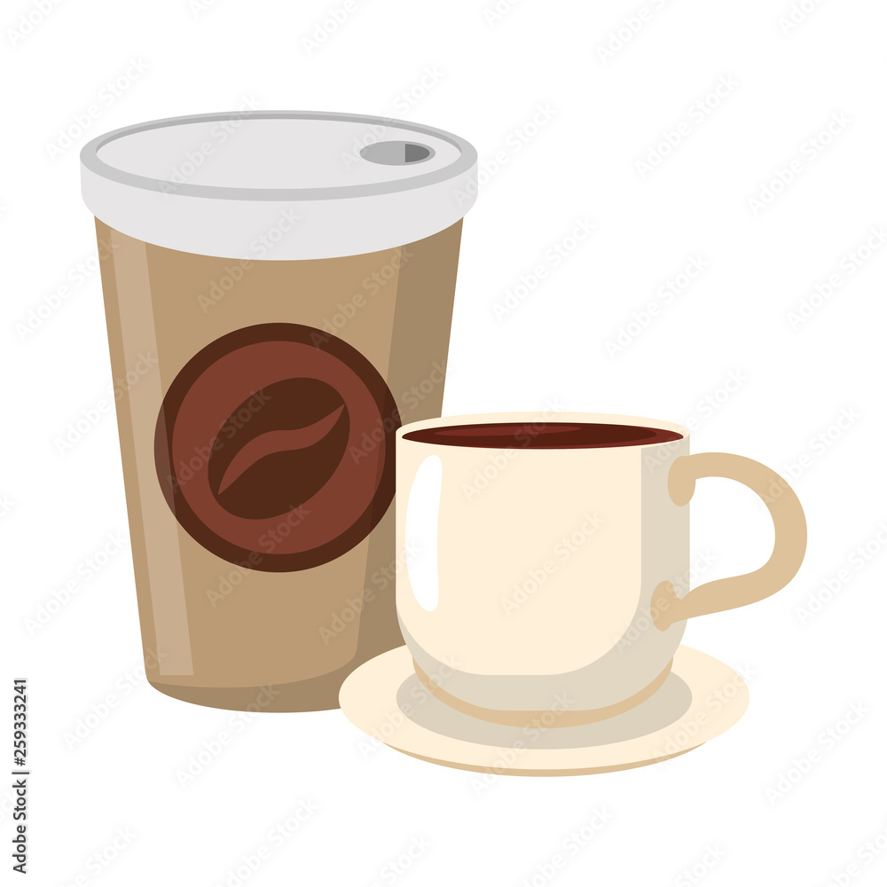 Coffee to go cup and mug on dish