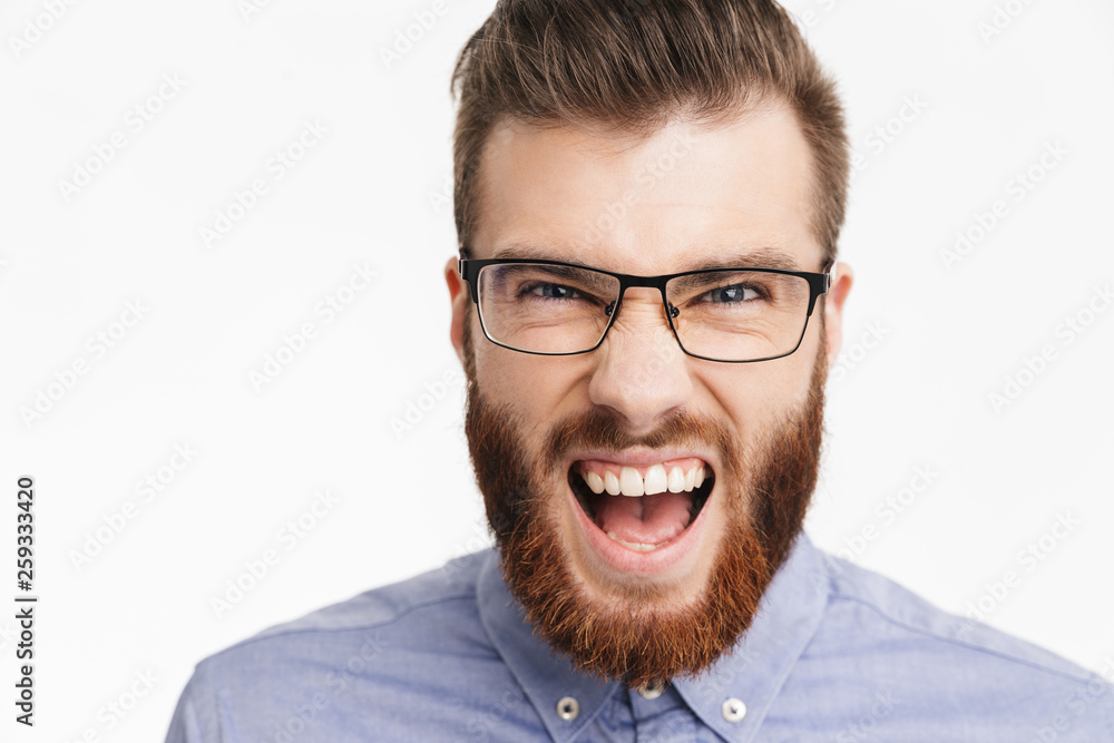 Close-up view of Happy screaming bearded elegant man in eyeglasses Close-up view of Happy screaming bearded elegant man in eyeglasses