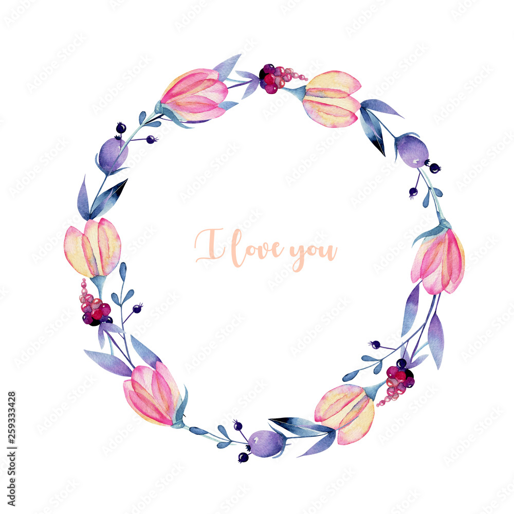 Wreath of watercolor pink spring pastel flowers and berries, hand painted on a white background, love card design