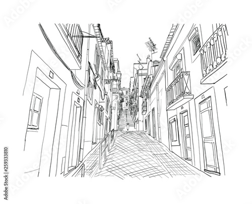 Lisbon street drawn sketch.Vector illustration