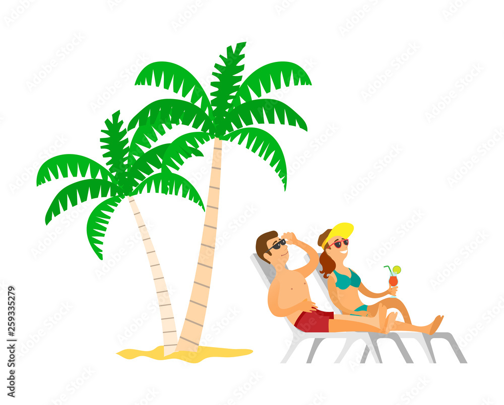 People resting near palm tree, lying on chaise lounge, woman holding cocktail. People wearing sunglasses and swimsuit, couple sunbathing, summer vector People resting near palm tree, lying on chaise lounge, woman holding cocktail. People wearing sunglasses and swimsuit, couple sunbathing, summer vector