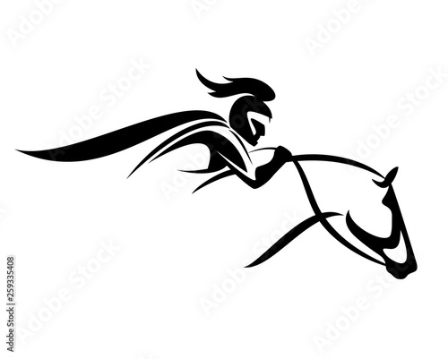 knight with helmet riding a horse - black and white horseback warrior vector outline
