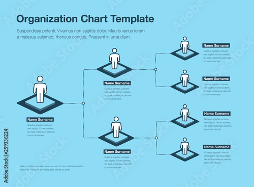 Company organization hierarchy chart template with place for your content - blue version. Easy to use for your website or presentation.