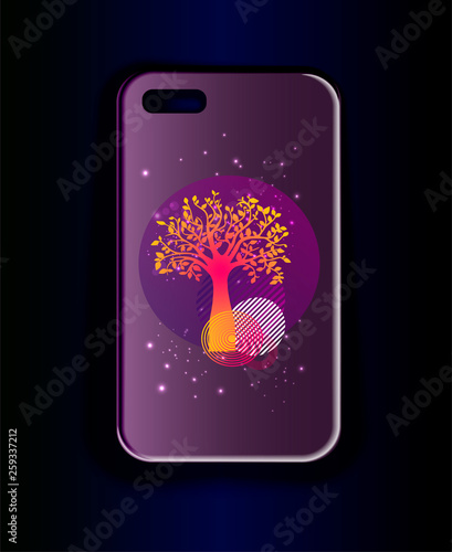 Stylish print for smartphone cover. Neon tree of life and geometry