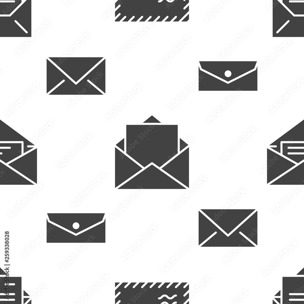 Seamless pattern with envelopes flat glyph icons. Mail background, message, open envelope with letter, email vector illustrations. Black white signs for mailing list, post office Seamless pattern with envelopes flat glyph icons. Mail background, message, open envelope with letter, email vector illustrations. Black white signs for mailing list, post office