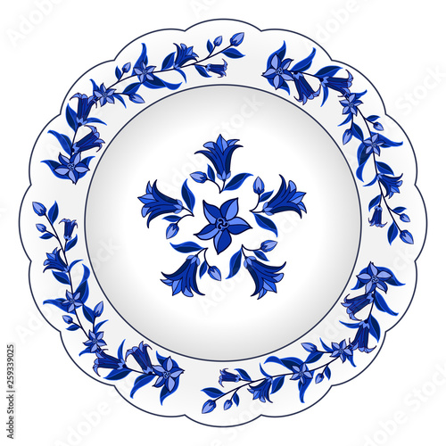 Decorative porcelain plate ornate in traditional Russian Gzhel style