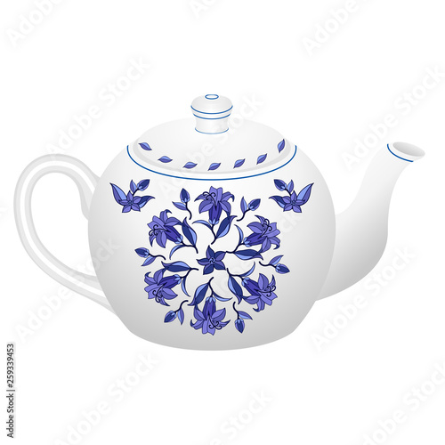 Porcelain teapot for tea party set ornate in Russian traditional Gzhel style