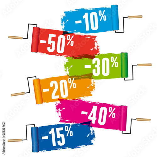 Bannière publicitaire pour des promotions dans le secteur du bricolage, présentant des pourcentages de réductions sur des fonds de différentes couleurs, tracés par des rouleaux de peinture