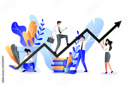 Business support and partnership concept. Vector trendy flat illustration. Businessman climbs on the growth graph