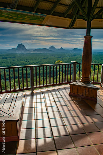 The Glasshouse Mountains as seen from the Wild Horse Lookout