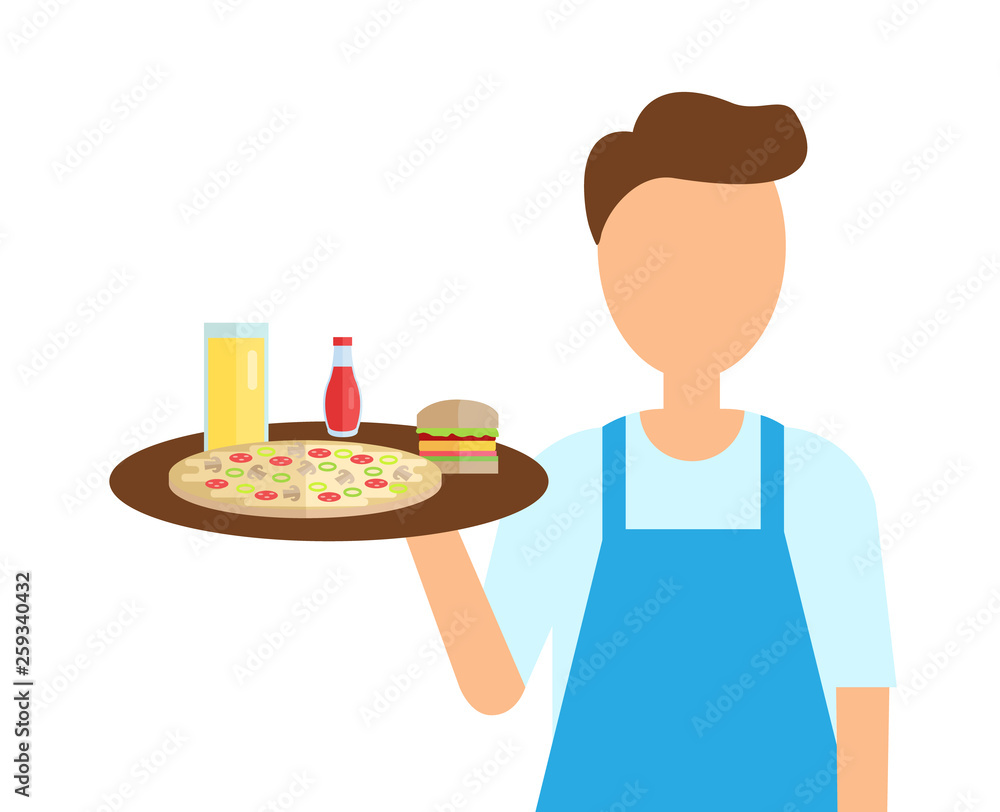 Servant with pizza and snacks vector. Man professional wearing apron holding Italian food and burger with sauce, juice in glass. Serving of restaurant Servant with pizza and snacks vector. Man professional wearing apron holding Italian food and burger with sauce, juice in glass. Serving of restaurant