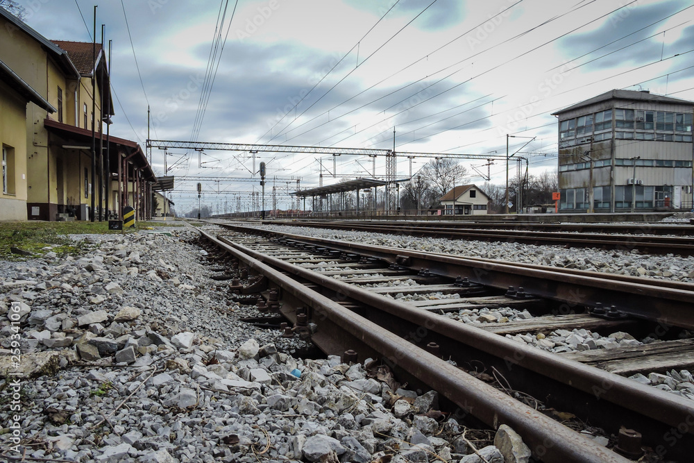Novska, Croatia 2/14/2019: Railroad station in winter time with old tracks
