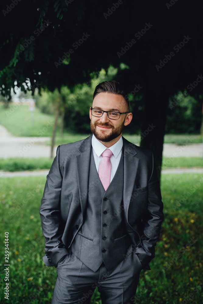 Portrait of a handsome groom in a grey suit with a tie. Portrait of a handsome groom in a grey suit with a tie.