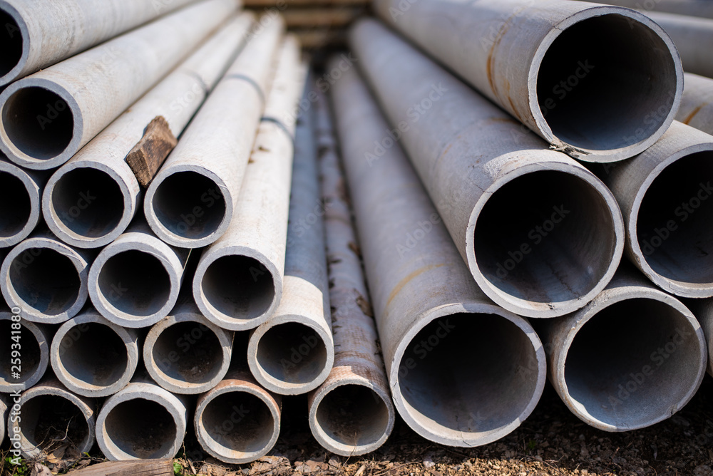 The gray water pipe is lying on each other in rows, building materials Stock Photo Adobe Stock