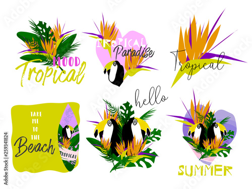 Cute cartoon topical summer set of bright stickers in collage style with hand drawn textures. Trendy chic hawaiian prints for apparel or typography