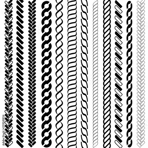 Ropes pattern brushes. Seamless nautical rope and chain stripes isolated on background