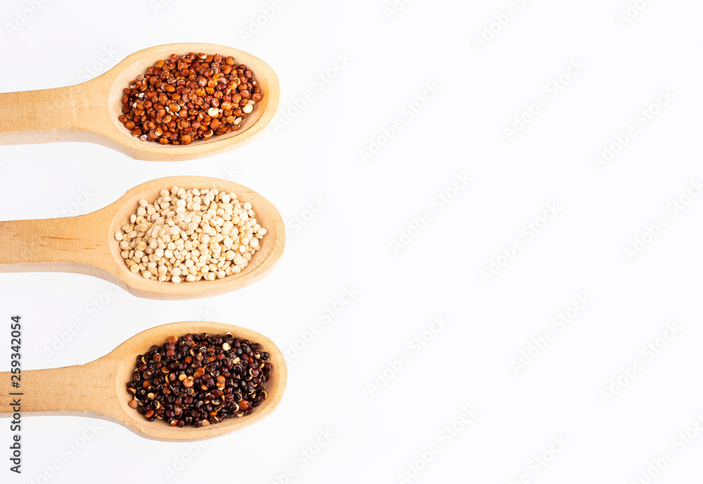 Seeds of white, red and black quinoa - Chenopodium quinoa Seeds of white, red and black quinoa - Chenopodium quinoa