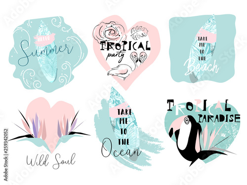 Cute cartoon topical summer set of bright stickers in collage style with hand drawn textures. Trendy chic hawaiian prints for apparel or typography