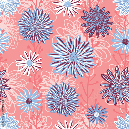 Flower pattern seamless background vector. Floral arrangement with layered Aster, Daisy, Chamomile flowers in coral pink blue white purple. Hand drawn feminine art for summer, spring, fabric, paper