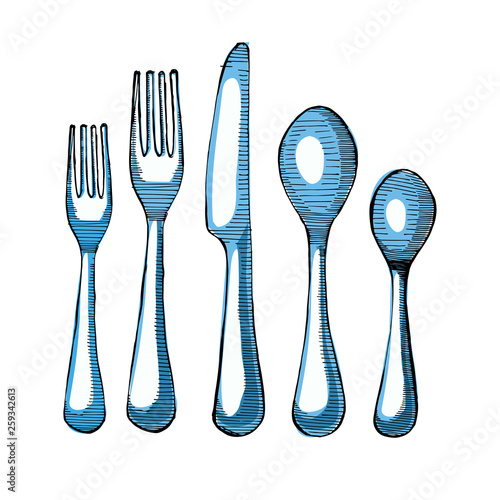 Spoon, knife, fork sketch vector illustration. Cutlery set, isolated on the white background.Modern blue cultery.
