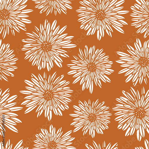 Aster Dahlia Flowers white on gold brown seamless vector pattern. Floral subtle background. Hand drawn contemporary feminine art for summer, fall, autumn, fabric, paper, home decor, web banner, cards