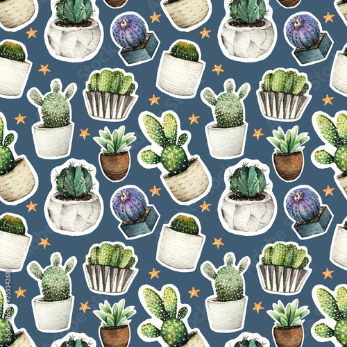 Cactus in pots. Watercolor illustration, set, handmade, background, postcard for you, seamless pattern