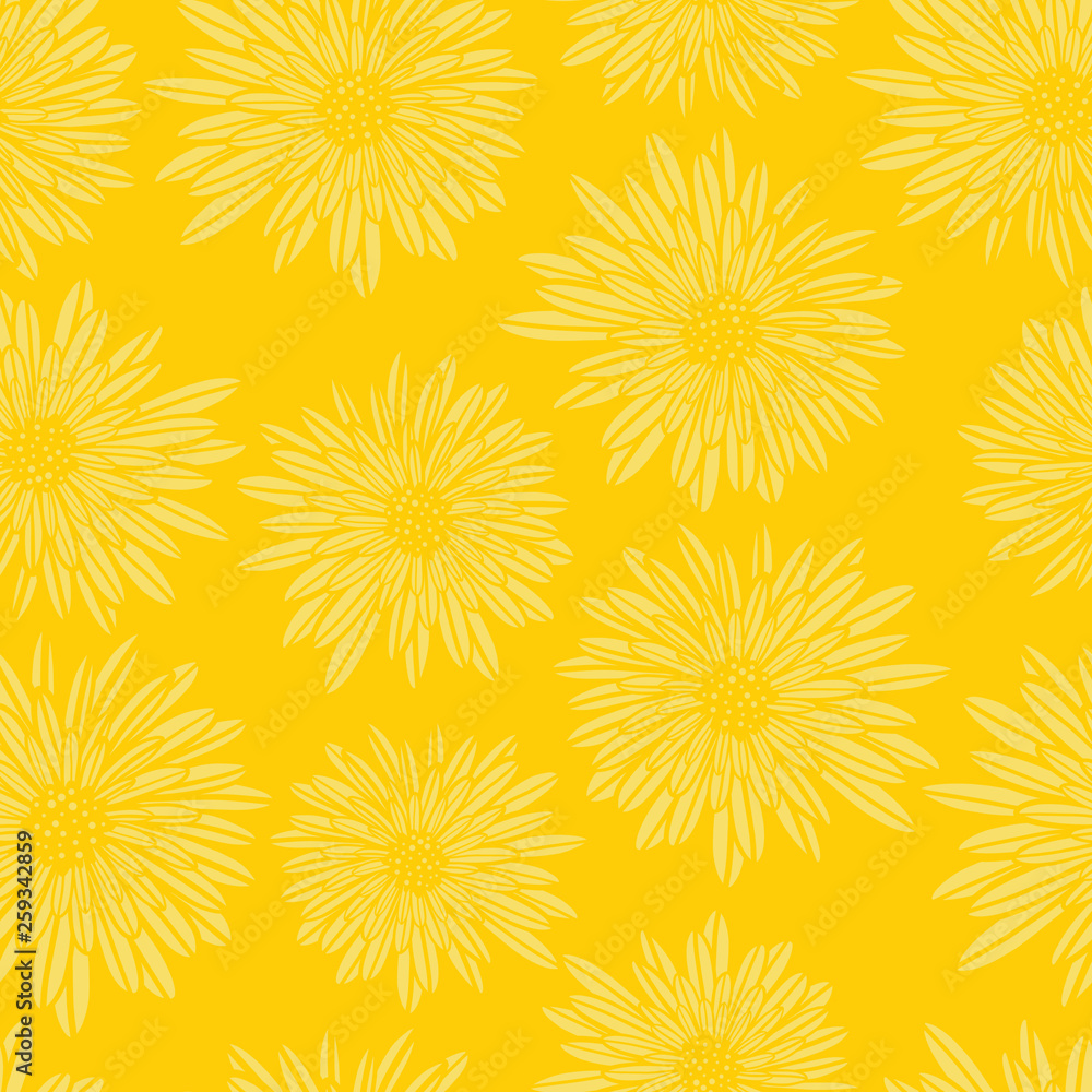 Aster Dahlia Flowers yellow seamless vector pattern. Floral subtle background. Hand drawn contemporary feminine art for summer, spring, fabric, paper, home decor, web banner, cards, page fill, covers Aster Dahlia Flowers yellow seamless vector pattern. Floral subtle background. Hand drawn contemporary feminine art for summer, spring, fabric, paper, home decor, web banner, cards, page fill, covers