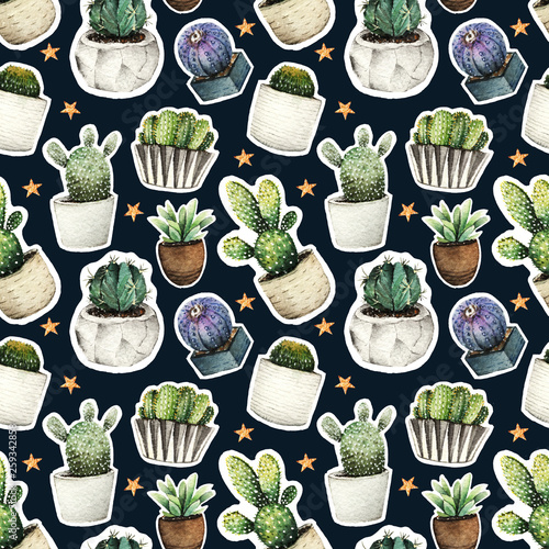 Cactus in pots. Watercolor illustration, set, handmade, background, seamless pattern, postcard for you