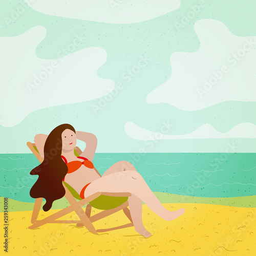 Woman at the beach - cartoon people character isolated illustration. Girl in bikini is lying and takin sun bath on a lounger. Summer time season holiday vacation concept. © Nataliia