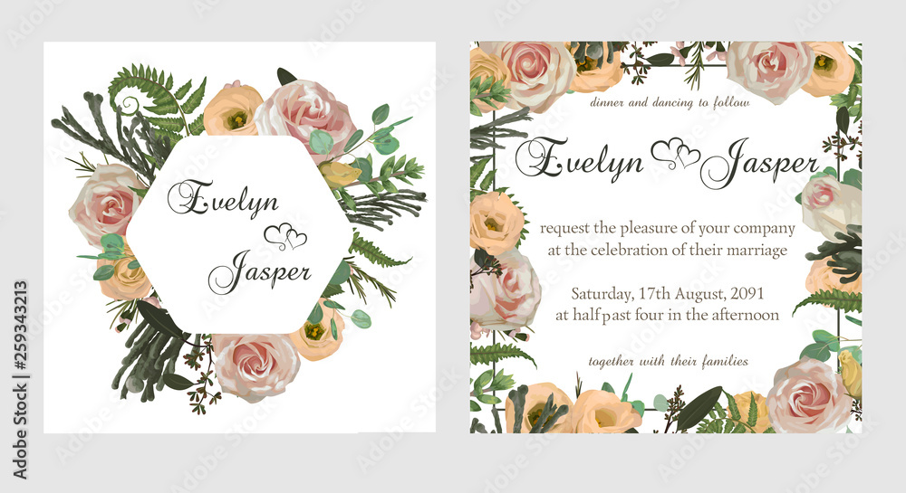 Stylish coral watercolor and flowers vector design cards. Flowers, eustoma cream, brunia, green fern, eucalyptus, branches. Decorative square. Trendy 2019 color collection