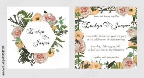 Stylish coral watercolor and flowers vector design cards. Flowers  eustoma cream  brunia  green fern  eucalyptus  branches. Decorative square. Trendy 2019 color collection