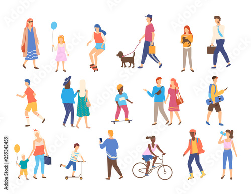Men and women with children outside, outdoor activities vector. Walking and skateboarding, chracters with pets and businessman, riding bicycle and scooter