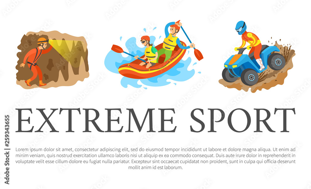 Fototapeta premium Extreme sport vector, rafting team sitting in boat man and woman, speleotourism male walking in cave with flashlight. Quad biking hobby of person