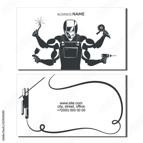 Welder with a tool for welding a business card