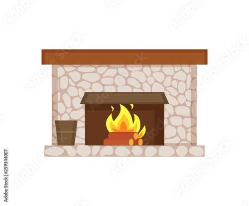 Fireplace of home interior item isolated icon vector. Stone construction, bucket with poles and wooden material, firewood and flames burning heat