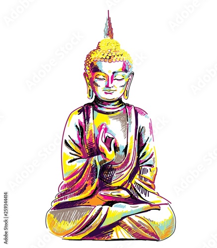 Buddha. Multicolored stylish pattern. Buddha sitting cross-legged. Yoga, Nirvana print.
