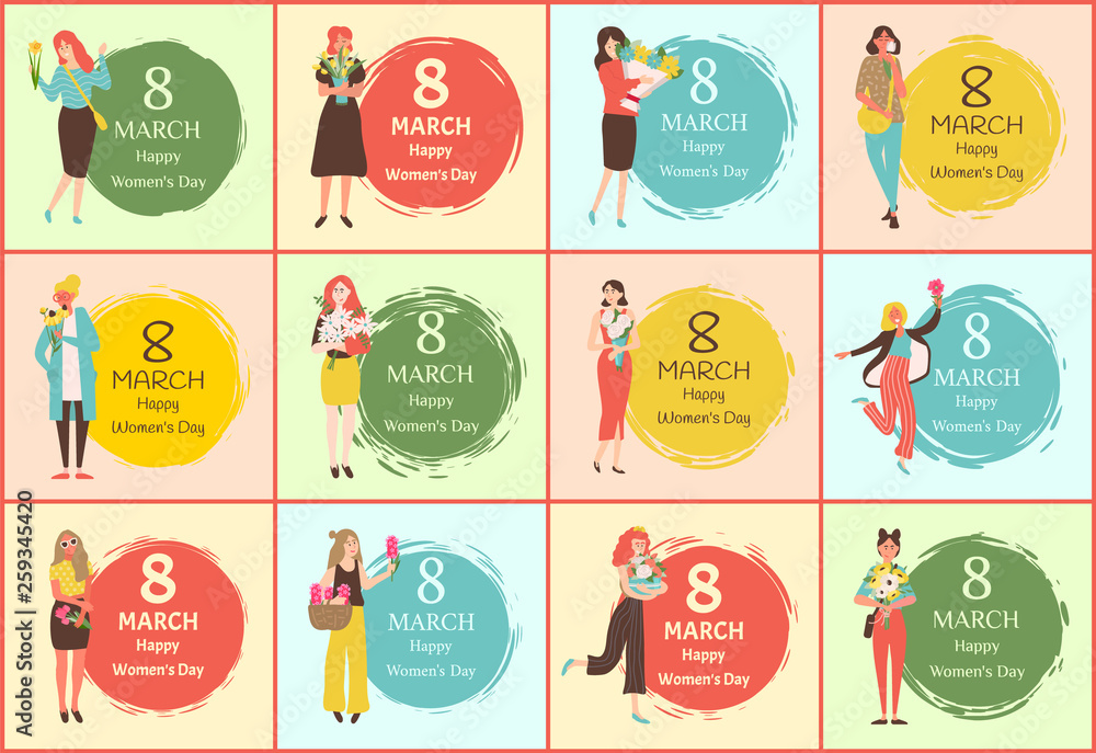 Happy womens day, 8 March in colorful round, postcard set decorated by girl with bouquet of flowers, full length view of females with flavor vector