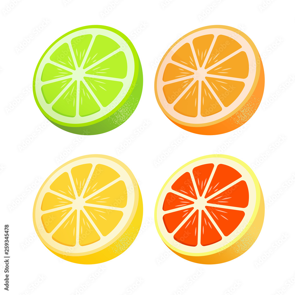 Set of citrus. Lemon, lime, grapefruit, orange.Half. Flat realism style. Cartoon style. Vector illustration. Set of citrus. Lemon, lime, grapefruit, orange.Half. Flat realism style. Cartoon style. Vector illustration.