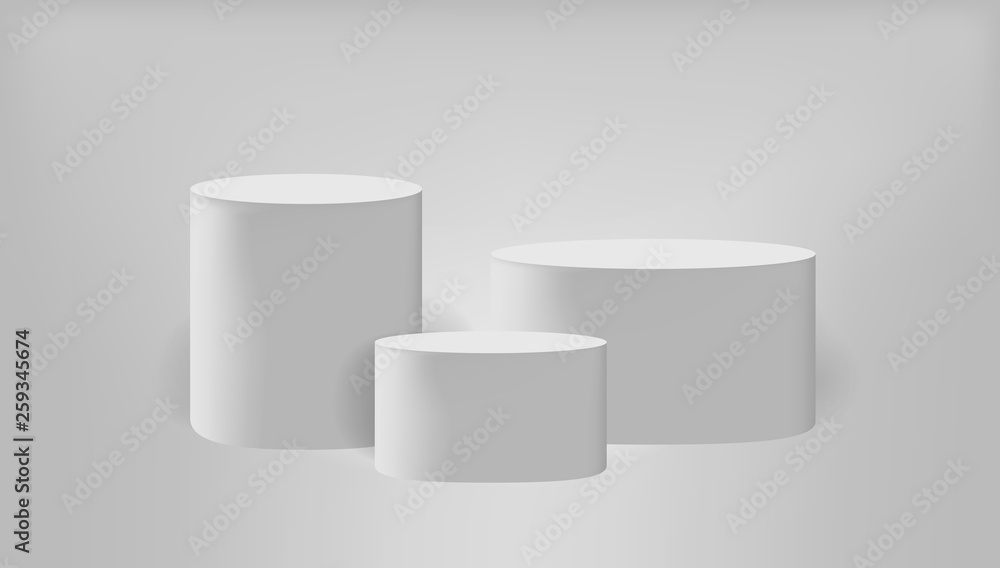 Podium scene or 3D round pillar stand scene and winner pedestal in studio on vector gray or white minimal background Podium scene or 3D round pillar stand scene and winner pedestal in studio on vector gray or white minimal background